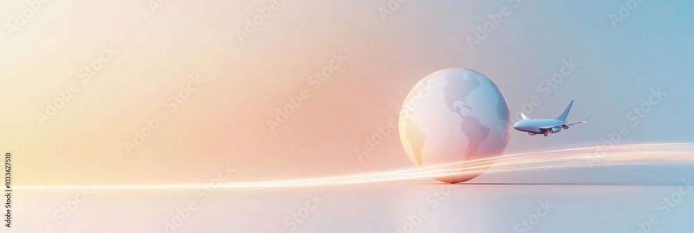 Poster an airplane departs from a minimalist globe, creating a travel trail, evoking a sense of adventure a