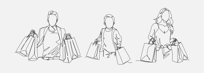 Set continuous one line drawing of people shopping. Men, women, and kid carrying shopping bag. Editable line vector illustration.