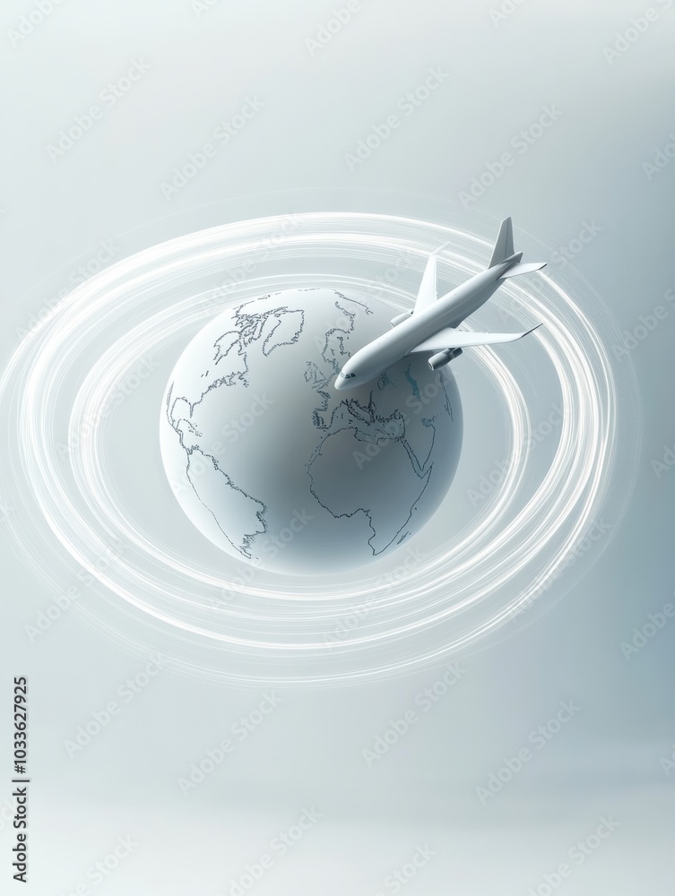 Poster a globe is featured with an airplane flying around it, leaving a trail that signifies exploration an