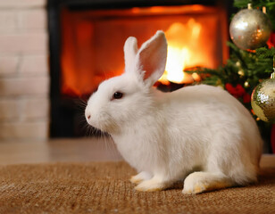 Obraz premium A cute white rabbit near Christmas tree on wooden floor in front of fireplace at night