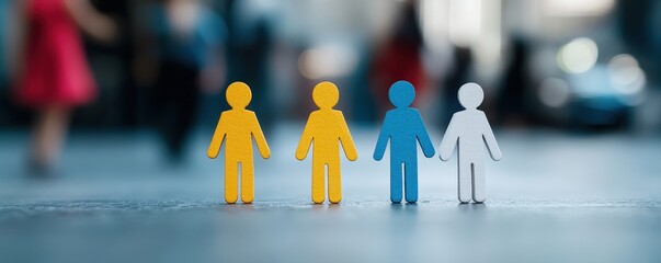 Colorful paper figures on urban street.