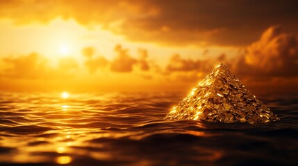 Abstract pyramid floating over water, reflecting a vibrant golden sunset, atmospheric clouds, warm golden tones, futuristic aesthetic, high detail