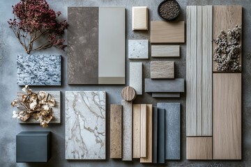 Elegant architect moodboard flat lay composition in light grey, black and brown color palette with textile and paint samples, wooden panels and marble, Generative AI