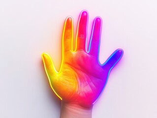 Obraz premium A vibrant, glowing hand silhouette with a rainbow effect, symbolizing creativity and expression in a minimalist style.
