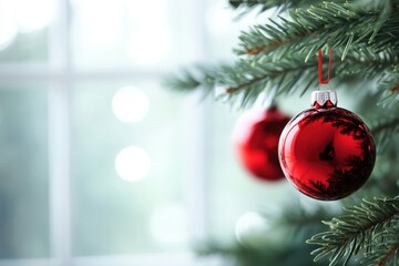 The bright red ornaments dangle gracefully from the green branches of a Christmas tree, adding a festive touch. Soft light filters through a nearby window, enhancing the holiday spirit.