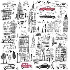 Fototapeta premium Colorful urban doodles depict busy street life with unique buildings, diverse cars, and animated figures interacting throughout the city. Generative AI