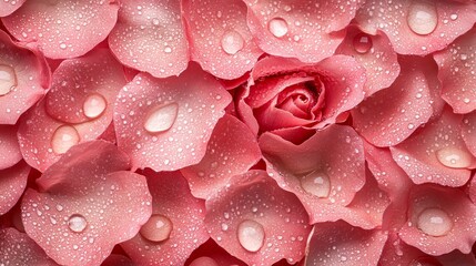 Fototapeta premium Top view of tender pink rose petals with perfectly round dew drops, emphasizing the fragility and beauty of nature