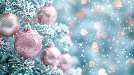 Beautifully decorated Christmas tree with pink and white glass ornaments hanging from the snowy fir branches surrounded by a glittery sparkling winter wonderland background with twinkling lights