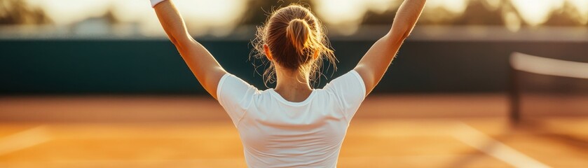 A victorious woman celebrating on a tennis court, showcasing joy and achievement in sports as the sun sets in the background.