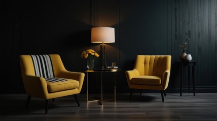 Two yellow armchairs with a black table and a lamp in a dark room with a black wall.
