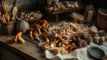Rustic kitchen table is adorned with an array of freshly harvested mushrooms in various shapes and colors, surrounded by earthy textures and kitchenware, creating a warm, inviting culinary atmosphere.