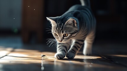 American Shorthair Cat Chasing a Bug on the Floor