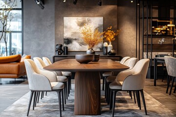 Modern and stylish dining room interior with glamour wooden table , elegant chairs and design decoration. Template. Home decor.  Minimalistic concept of interior, Generative AI