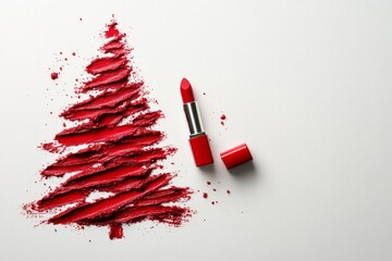 Flat lay Christmas tree is drawn with red lipstick, lipstick lying next to it, white background. Copy space for text. Concept: New Year, design for makeup artist, cosmetics store, festive celebrations