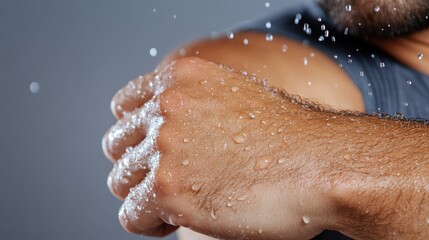 Detailed image of water droplets on skin, focusing on the tactile sensation and texture of a hand as it prominently features in front of a gray background, evoking purity.