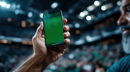 A man holds a smartphone with a green screen high in a bustling stadium, capturing the excitement and energy of the live event in the large arena setting.