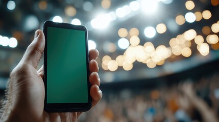 A smartphone is held aloft under a dazzling array of stage lights, capturing the moment in a crowded venue with its green screen facing forward.
