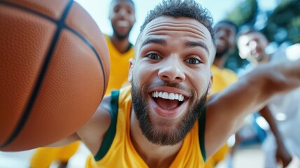 A close-up of an enthusiastic basketball player in a yellow and green jersey preparing to shoot, capturing eagerness and focus in a competitive setting.