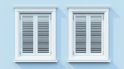 Fototapeta premium Two White Windows with Shutters on a Light Blue Wall