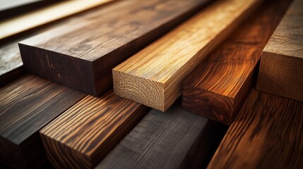 Beautifully arranged stack of various wooden planks showcases rich textures and colors. The natural grains and warm tones highlight the craftsmanship, perfect for any rustic or modern design project.