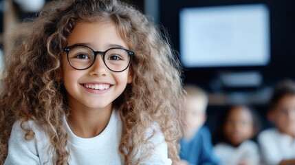 An adorable girl with curly hair and glasses, flashing a vibrant smile in a classroom setting, capturing the essence of childhood joy and education dynamics.