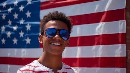 A young man in sunglasses smiles broadly in front of an American flag.