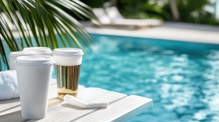 Obraz premium Several refreshing beverage cups, including a beer, rest on a wooden surface next to a luxurious pool under the shade of palm leaves on a bright sunny day.