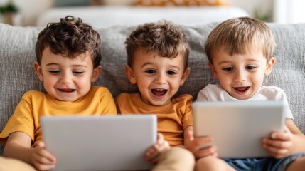 Three excited children are lounging on a sofa, intently engaging with digital tablets, capturing a moment of shared joy, learning, and entertainment in a cozy environment.
