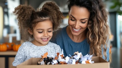 A joyful mother and daughter engage in crafting activities, surrounded by autumn decorations, capturing moments of family bonding, creativity, and shared happiness.