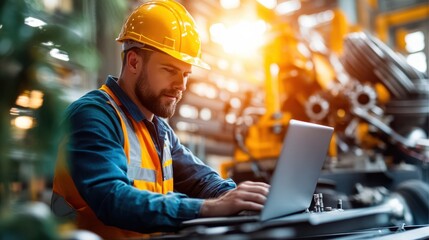 An engineer, equipped with a safety helmet and vest, works intently on a laptop amidst an industrial robotics scene, showcasing dedication and technological focus.