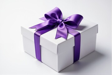 Obraz premium A white gift box that features a lovely purple ribbon and bow