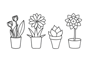 Set of Continuous One Line Drawings of Flowers in Pots – Minimalist Vector Art