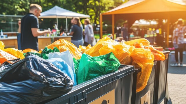 Waste bins filled with colorful bags at a busy outdoor market, highlighting sustainability and community involvement in trash management.
