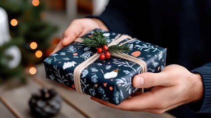 This image shows a hand extending a beautifully wrapped present, featuring vibrant festive decoration, capturing warmth and joy during the holiday season.