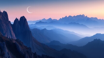 Serene mountain landscape at dusk with a crescent moon illuminating the scene.