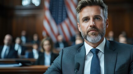 Fototapeta premium A confident speaker in a suit delivers a presentation at a public forum, engaging with the audience amidst a formal setting and promoting effective communication.
