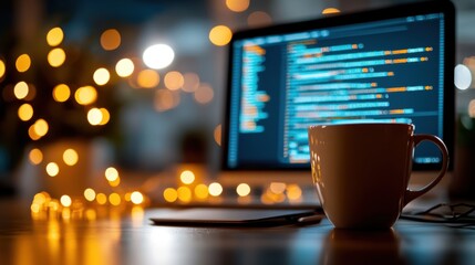 A computer screen filled with colorful coding, set against a backdrop of defocused lights, symbolizing creativity, technology, and a modern programming environment.