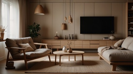 A cozy living room with a light brown rug, a wooden coffee table, a couch and armchair.