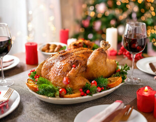 Roasted turkey on an elegant  thanksgiving table setting with red wine glasses, candles and christmas decoration on the background of the Christmas tree
