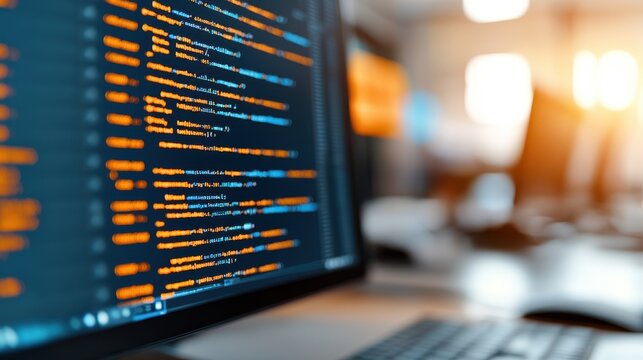 A close-up of a computer monitor showcasing brightly colored source code, symbolizing technology, programming skills, and modern software development.