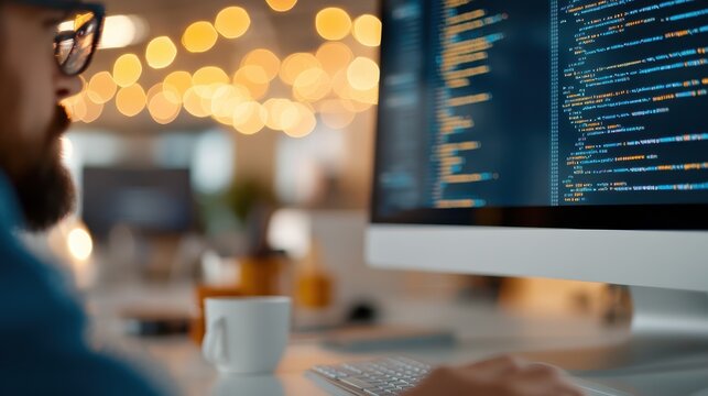 A programmer focused on a desktop computer displaying code, reflecting a modern workspace filled with technology, creativity, and problem-solving skills.