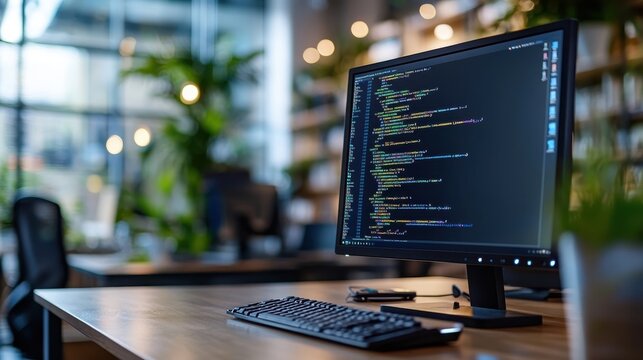 A contemporary office environment showcasing a computer with a screen filled with code, symbolizing innovation, digital transformation, and software development expertise.