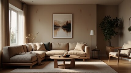 A modern living room with a large sectional sofa, a coffee table, and a large framed print on the wall. The room is decorated in a neutral color scheme with a soft rug on the floor.