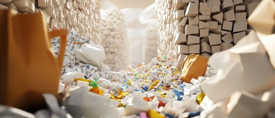 A cluttered scene filled with colorful debris, containers, and blocks, suggesting waste or a recycling environment.