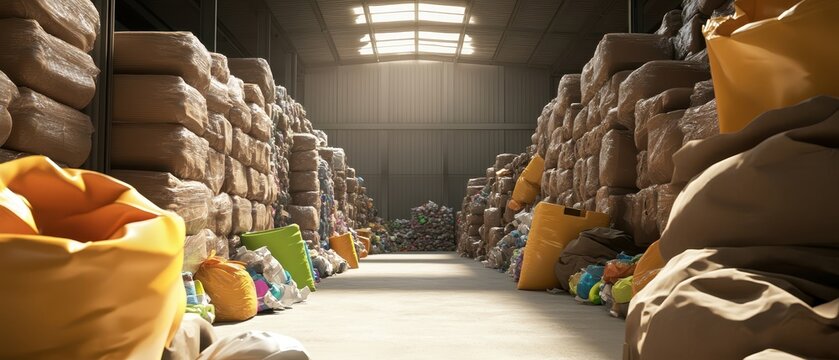 A well-lit warehouse corridor filled with various colorful bags and sacks, creating a vibrant and organized storage space.