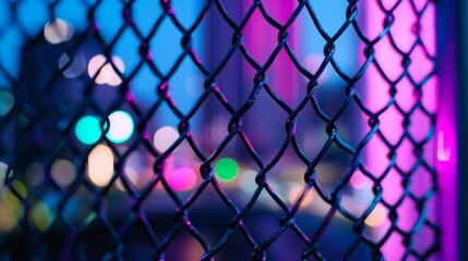 Fototapeta premium A close-up of a chain-link fence with a blurred cityscape illuminated by colorful lights in the background.