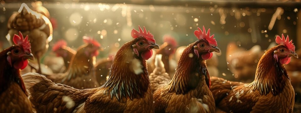 Chickens broilers on the farm. Selective focus. Generative AI,