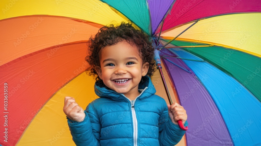 Wall mural a young child holding a colorful umbrella in the rain