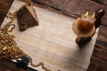 Ancient Egypt papyrus blank letter scroll with copy space on the old table background. Old map...