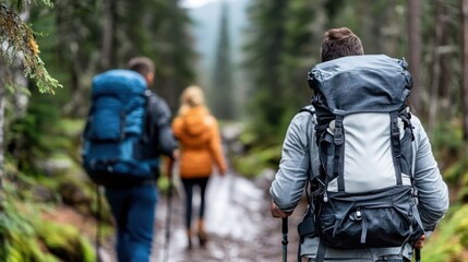 Fototapeta premium Three individuals with backpacks navigate a forested mountain trail, showcasing adventure, nature exploration, and teamwork in a serene outdoor environment.